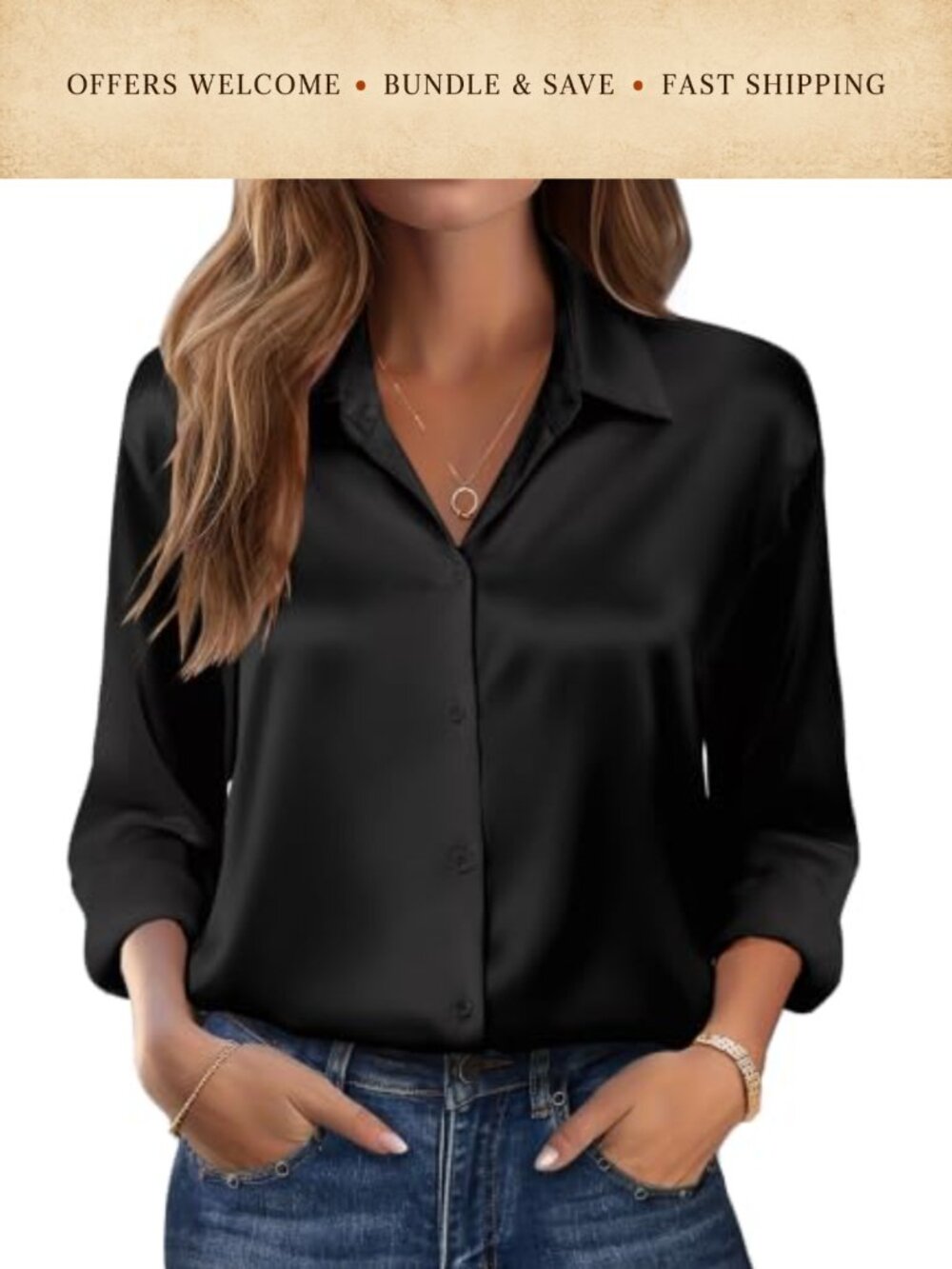 Satin Silk Button Down Blouse Long Sleeve V Neck Tunic Work Top